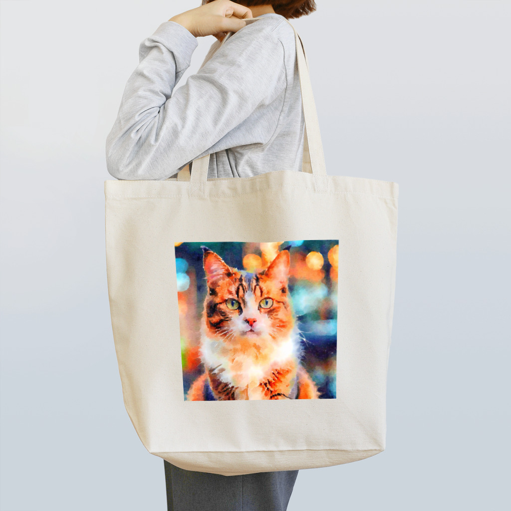 猫好きの谷の猫の水彩画/キジトラねこのイラスト トートバッグ