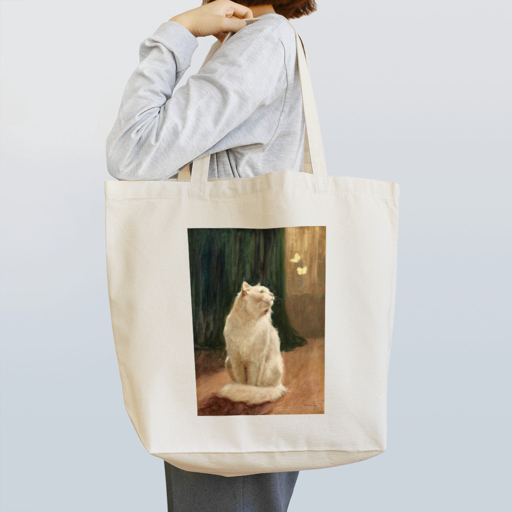 猫アートグッズのアーサー・ヘイヤー 《白猫と2匹のブリムストーン蝶》 Tote Bag