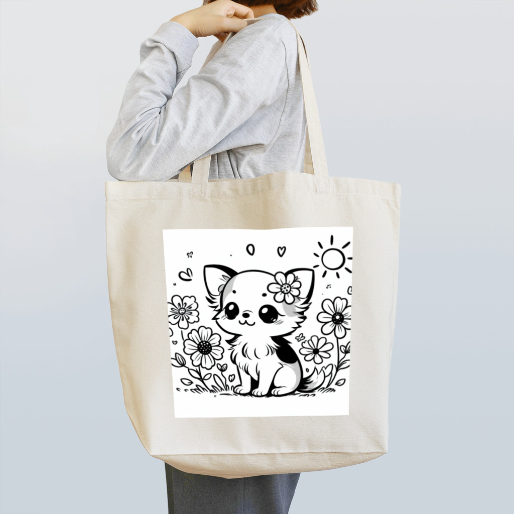 くつろぎ堂☆ネコにゃん☆イヌわんの**お花の子犬のチワワ**モノクロ Tote Bag