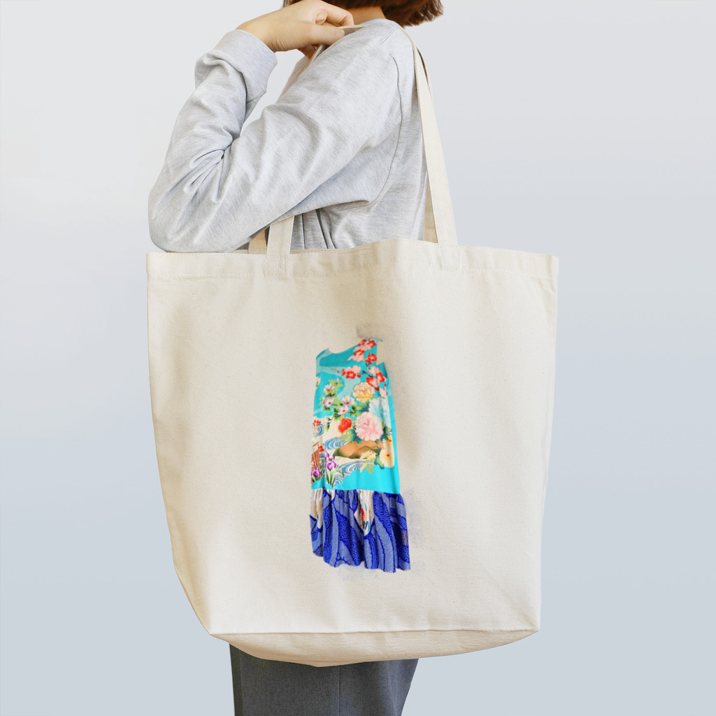 KeishopCreations - 日本の美をあなたにのハンドメイドリメイク着物青 トートバッグ