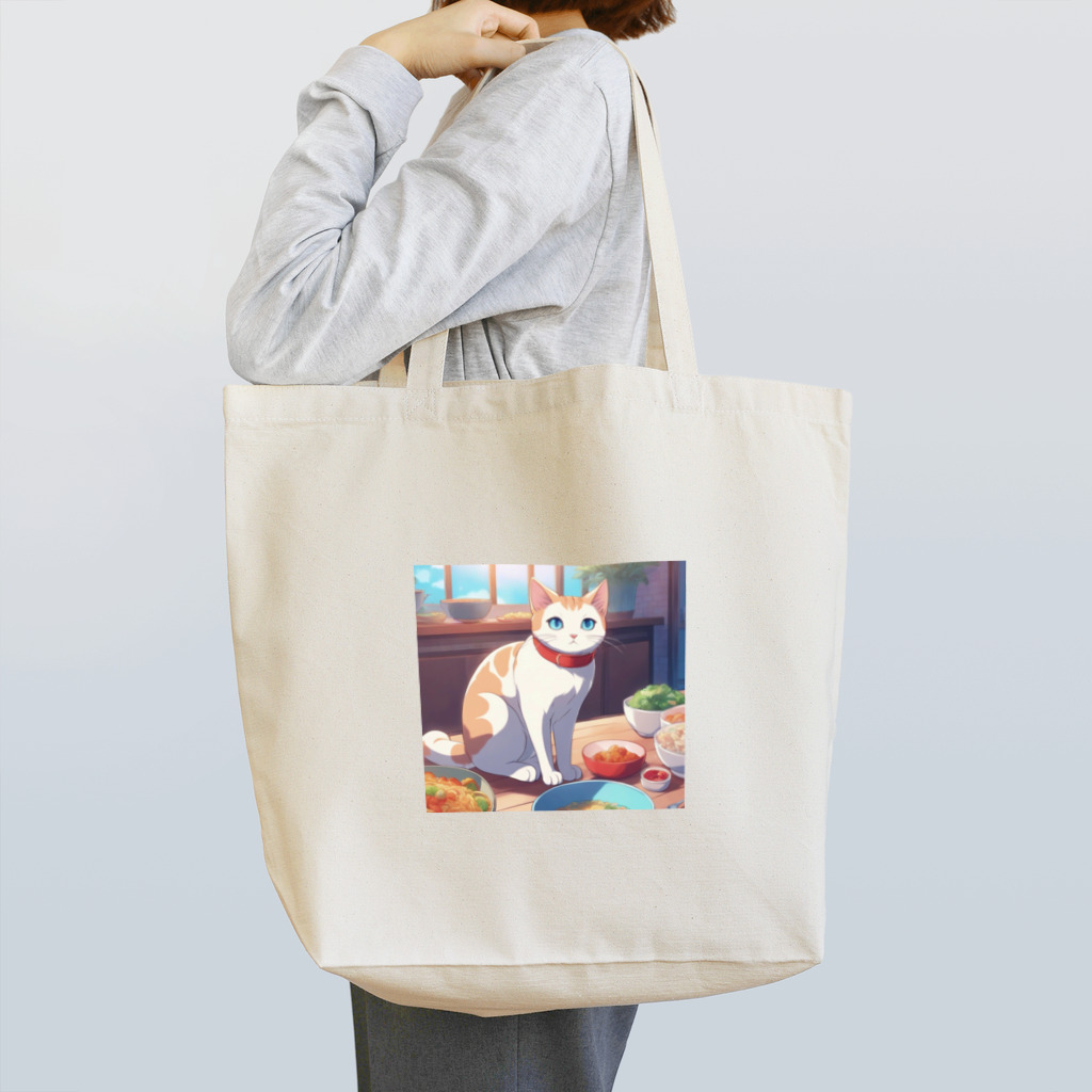 ニコちゃんのご飯の前で座り込む仕草の猫 Tote Bag