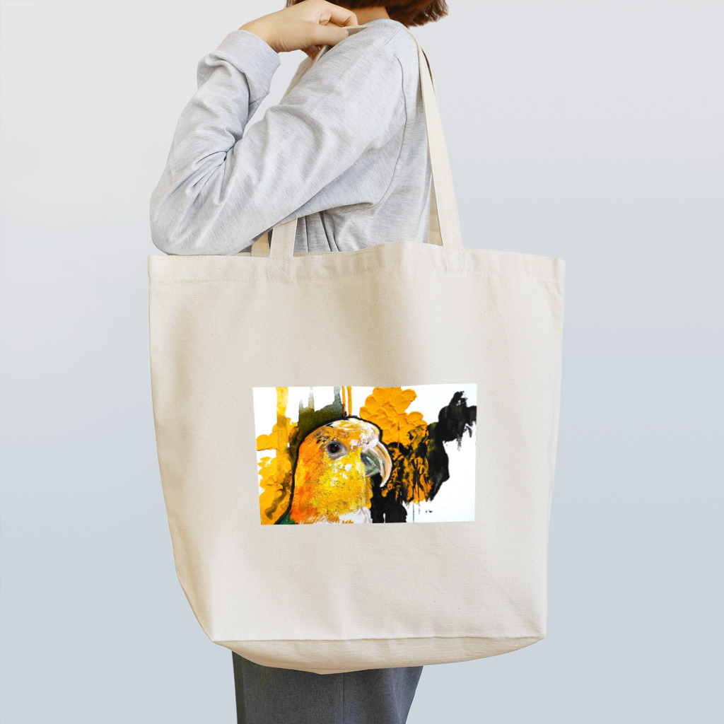 癒しのシロハラインコ 鳥まみれのシロハラインコ アート風 カラー トートバッグ
