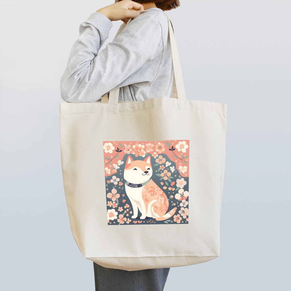 Grazing Wombatの日本画風、柴犬と桜-Japanese-style painting of a Shiba Inu with cherry blossoms トートバッグ