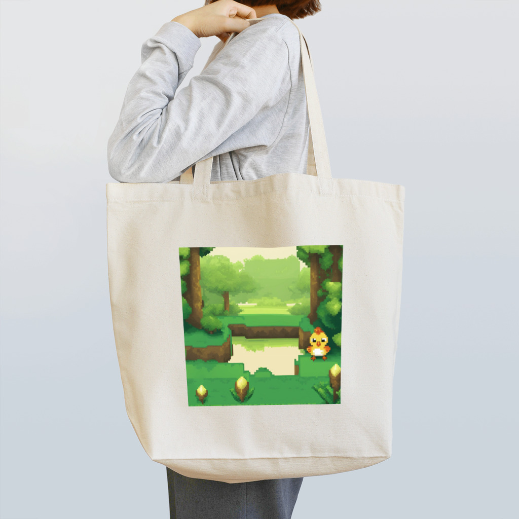 sajadのドット絵の中にホッコリ癒やされるふわふわのひよこが登場！ トートバッグ