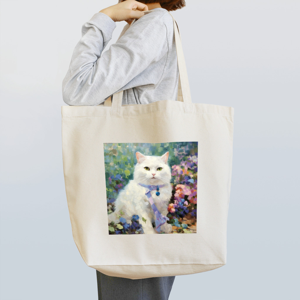 apricot-artのオシャレな白猫とフラワーガーデン Tote Bag