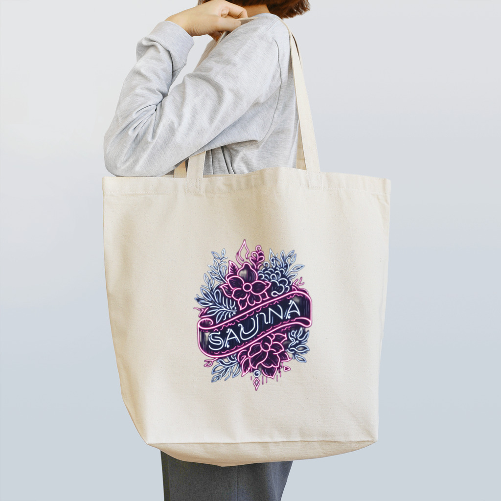 N SAUNA LOGOのネオン風花柄サウナロゴ11　花柄ver.4 Tote Bag