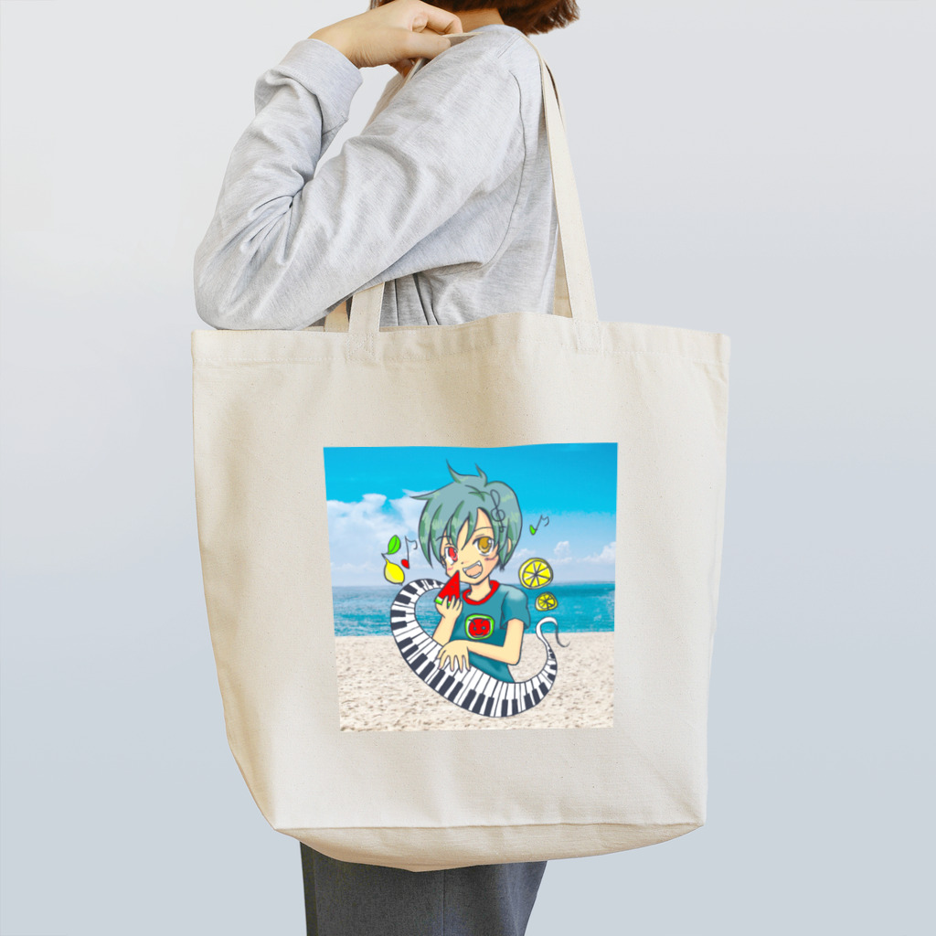 さくらんぼねこのスイカとピアノが大好きな少年 Tote Bag