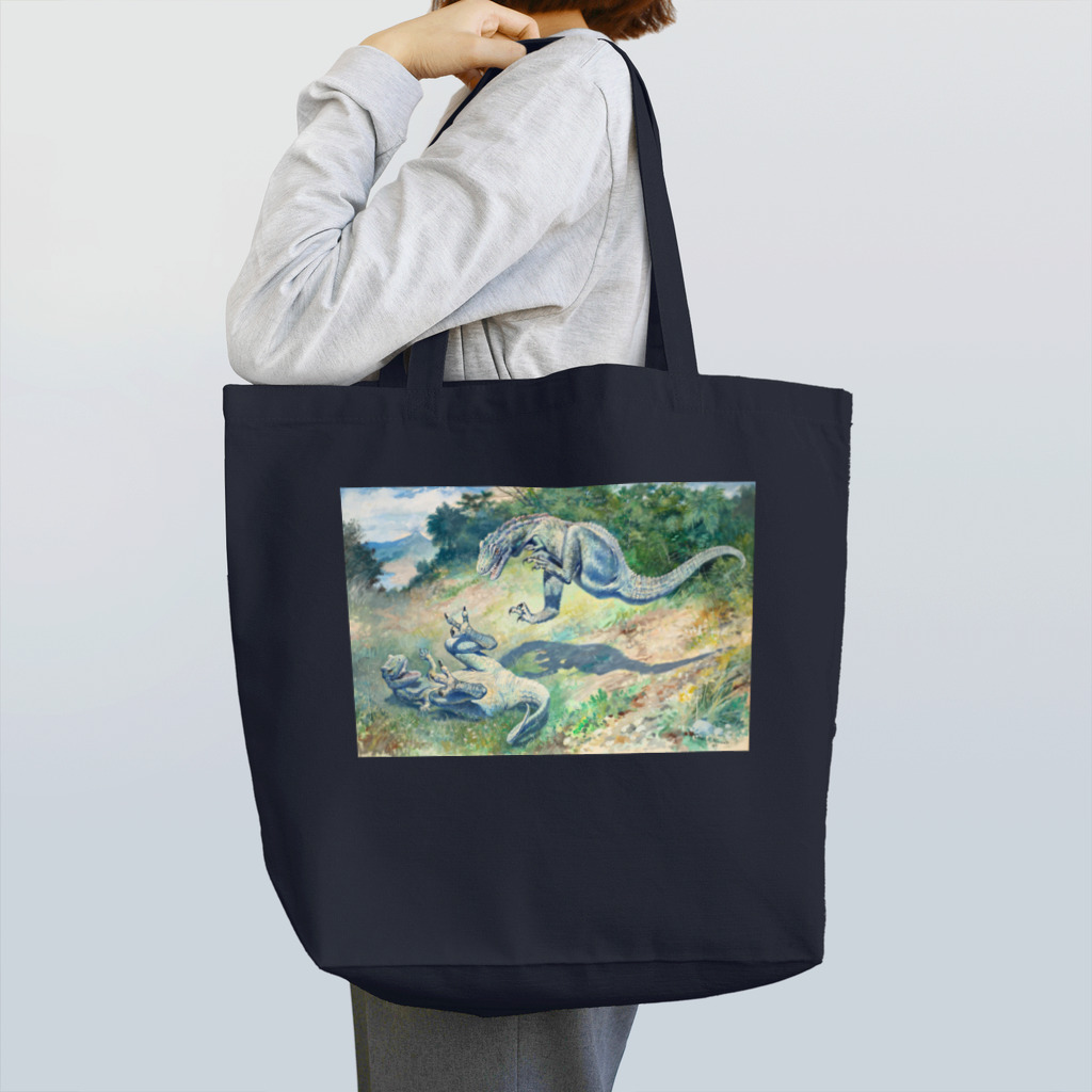 旨味教授といちごもちぷりんの戦う二匹のドリプトサウルス Tote Bag