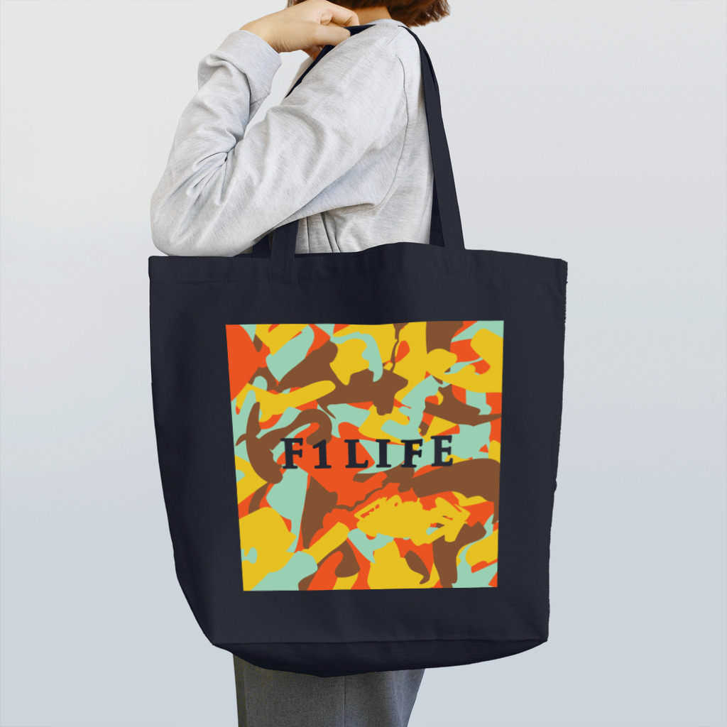 F1LIFEストア・SUZURI支店のF1LIFE トートバッグ（オレンジ×ネイビー） Tote Bag