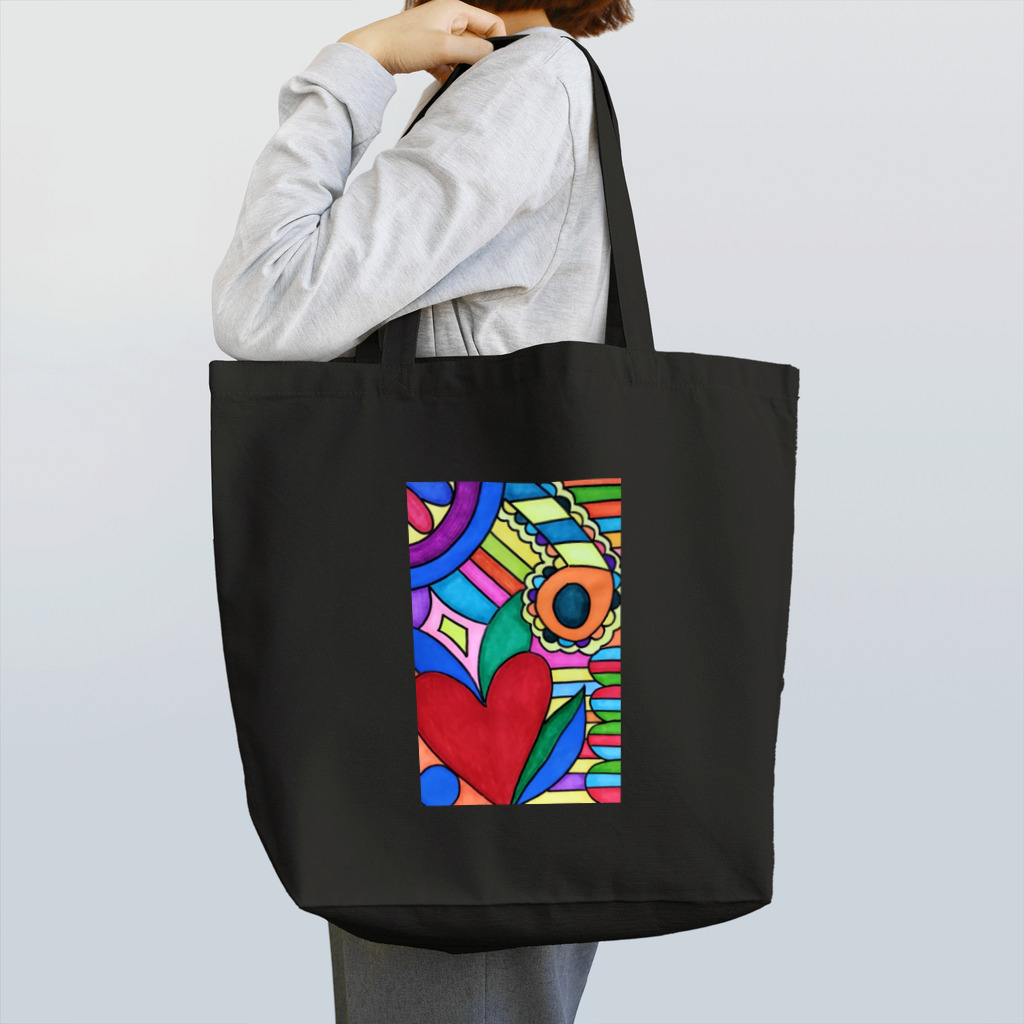 結華の障害者アート 手描きイラスト カラフル ハート トートバッグ