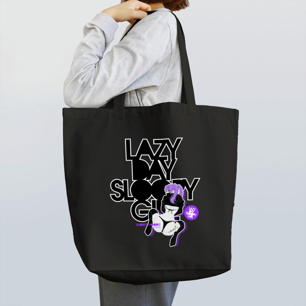 loveclonesのLAZY DAY SLOOPY GIRL 0574 ブラックフーディー女子 エロポップ ロゴ Tote Bag